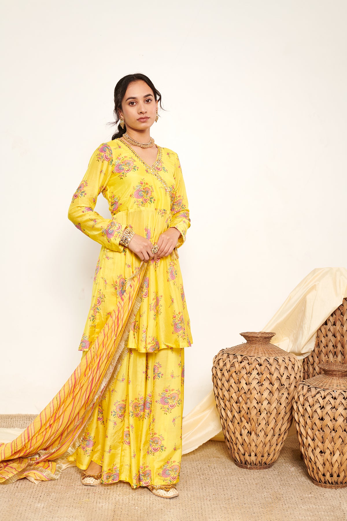 Bahaar Neon Yellow printed Angrakha with Sharara and Dupatta- Set of 3