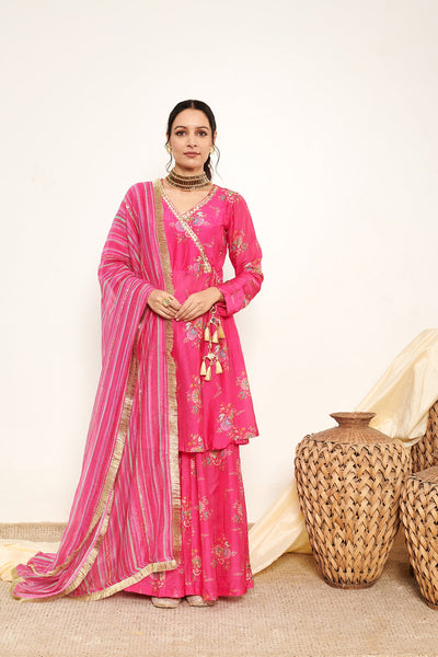 Hot Pink printed Angrakha with Sharara and Dupatta- Set of 3