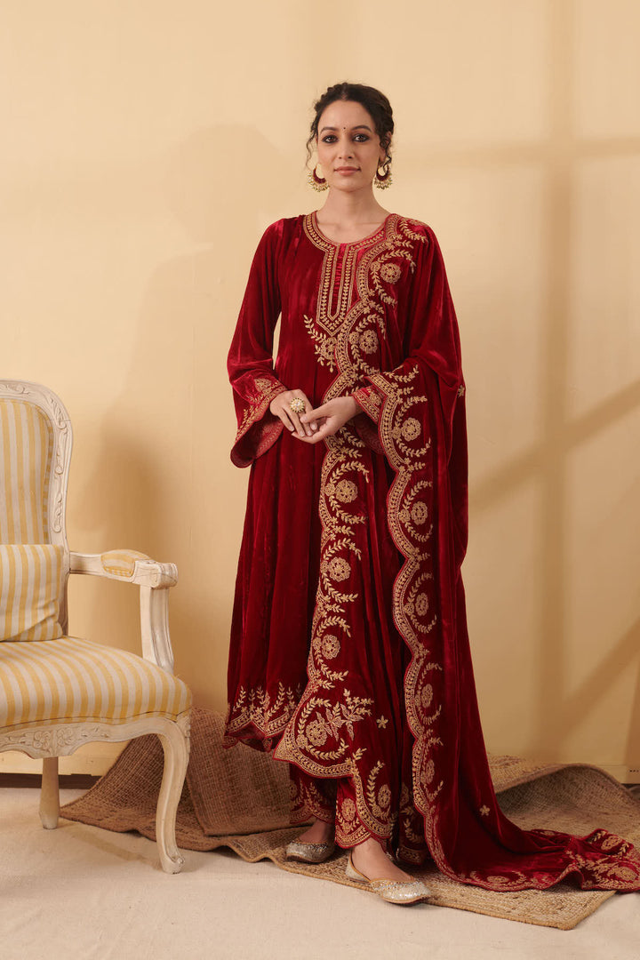 Naveli Deep Red Zari Embroidered Anarkali with Salwar set