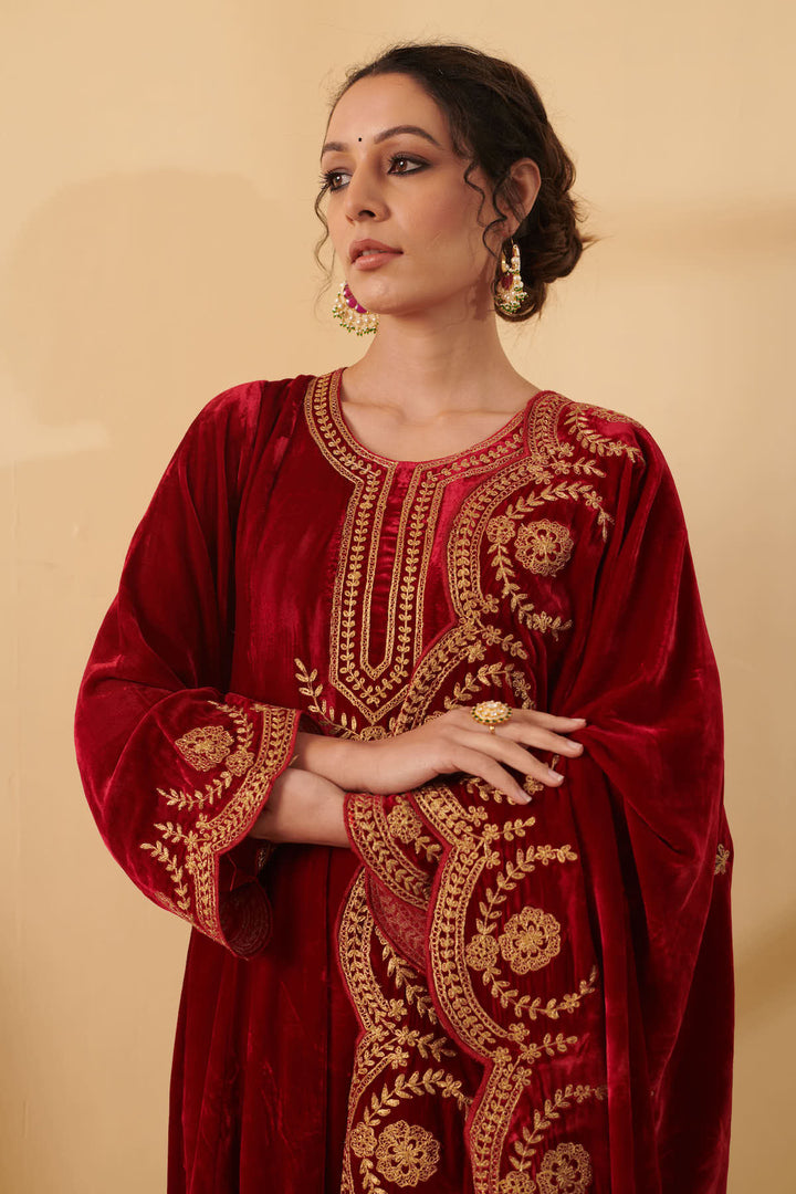 Naveli Deep Red Zari Embroidered Anarkali with Salwar set