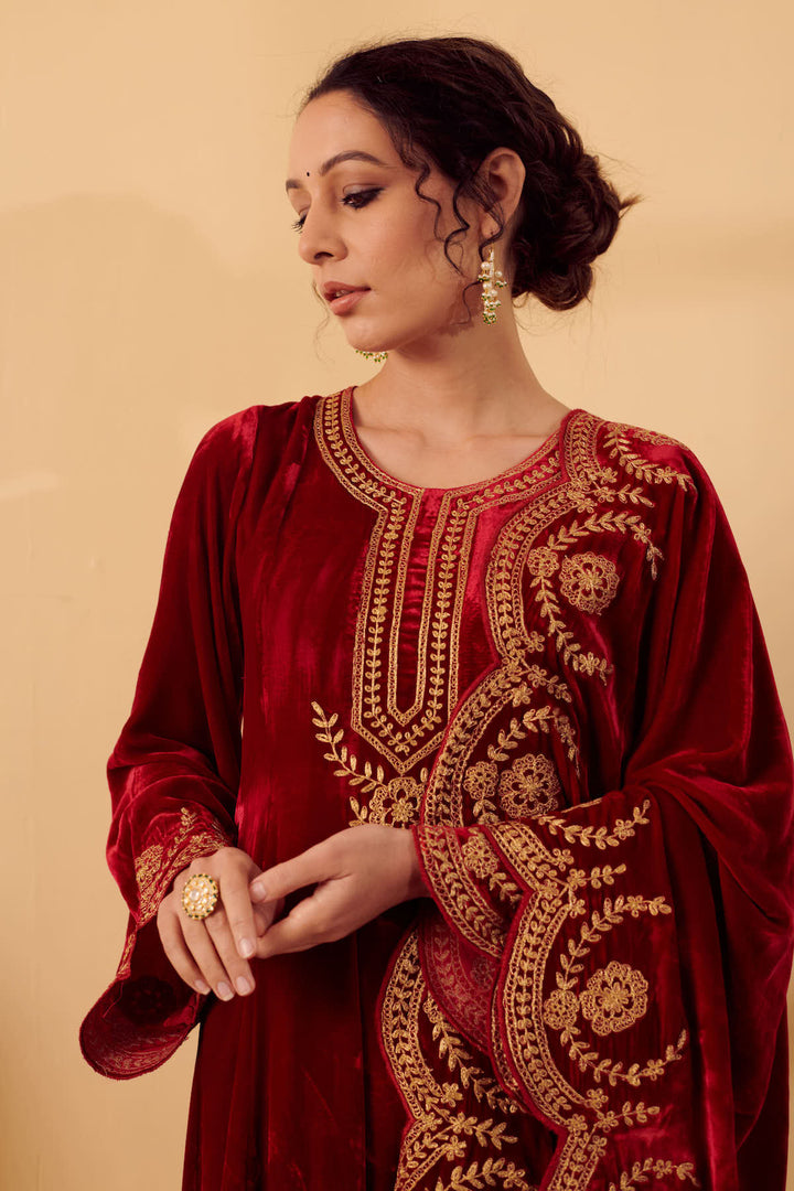 Naveli Deep Red Zari Embroidered Anarkali with Salwar set