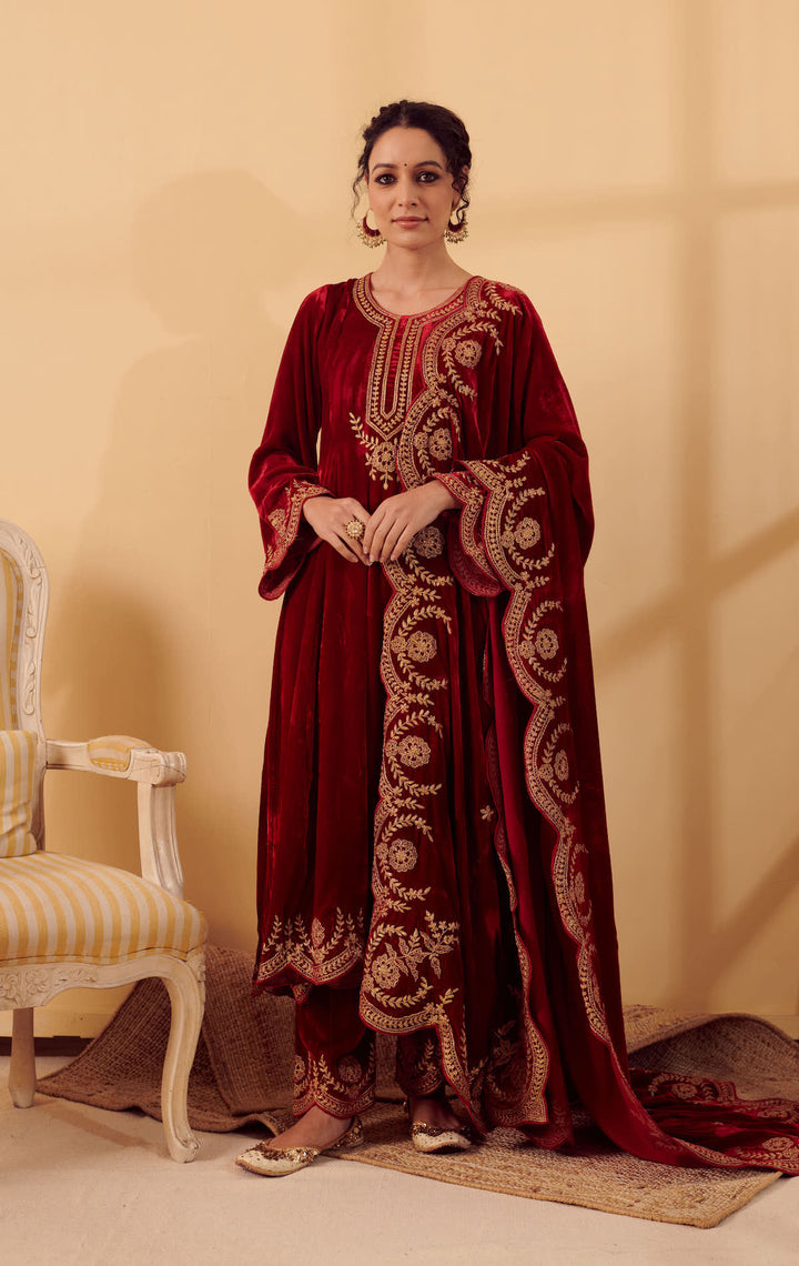 Naveli Deep Red Zari Embroidered Anarkali with Salwar set