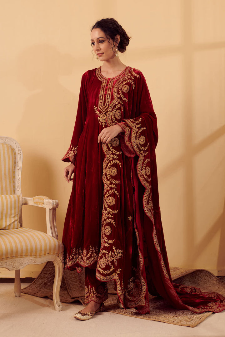 Naveli Deep Red Zari Embroidered Anarkali with Salwar set