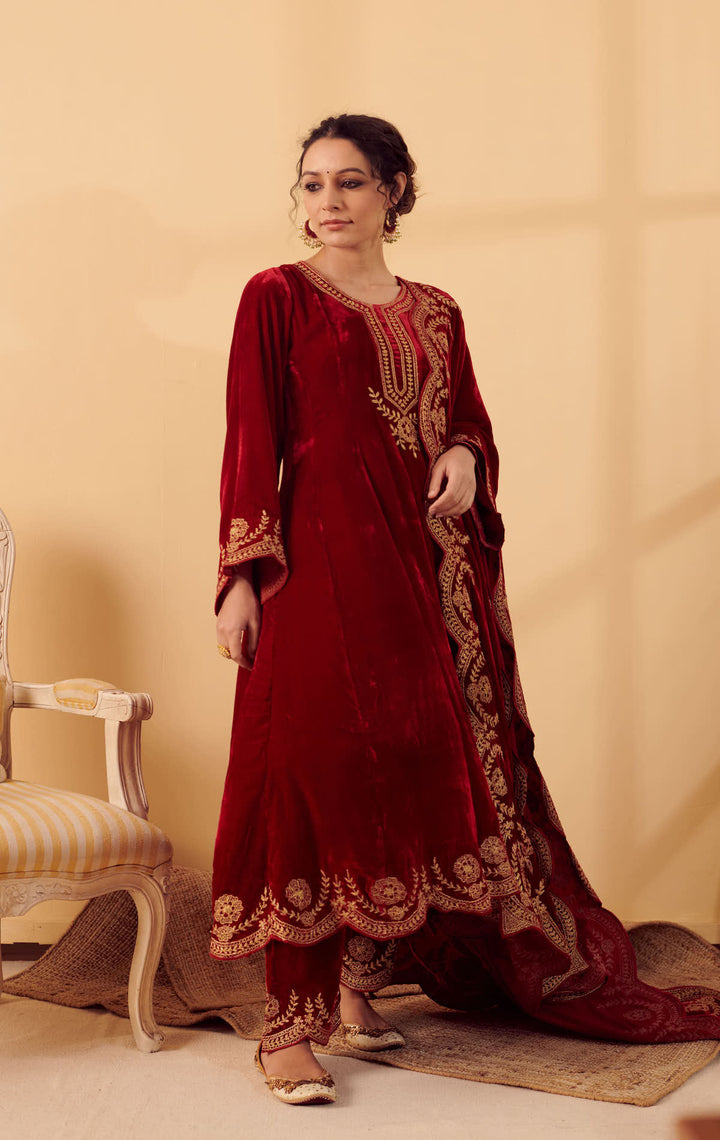 Naveli Deep Red Zari Embroidered Anarkali with Salwar set