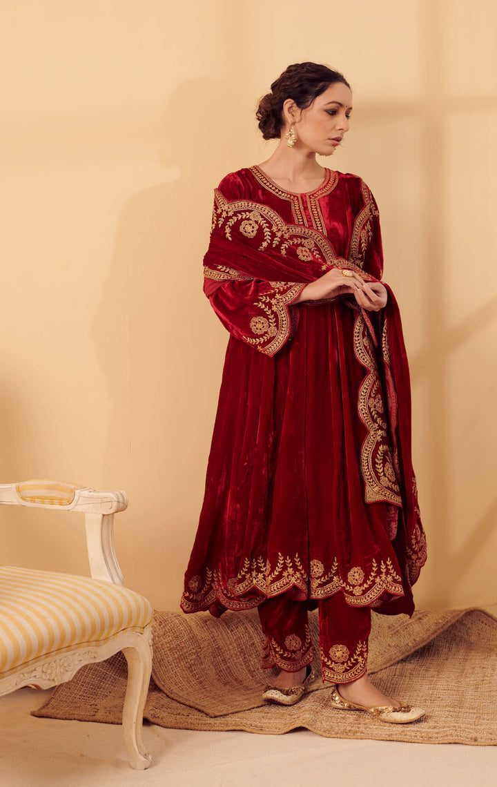 Naveli Deep Red Zari Embroidered Anarkali with Salwar set