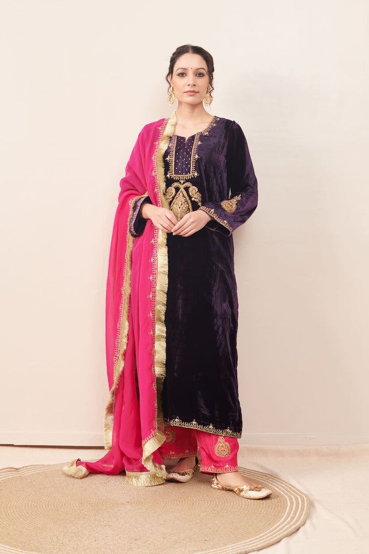 Naveli Purple Zari Embroidered Kurta with Rani Pink Palazzo and Dupatta - Set of 3