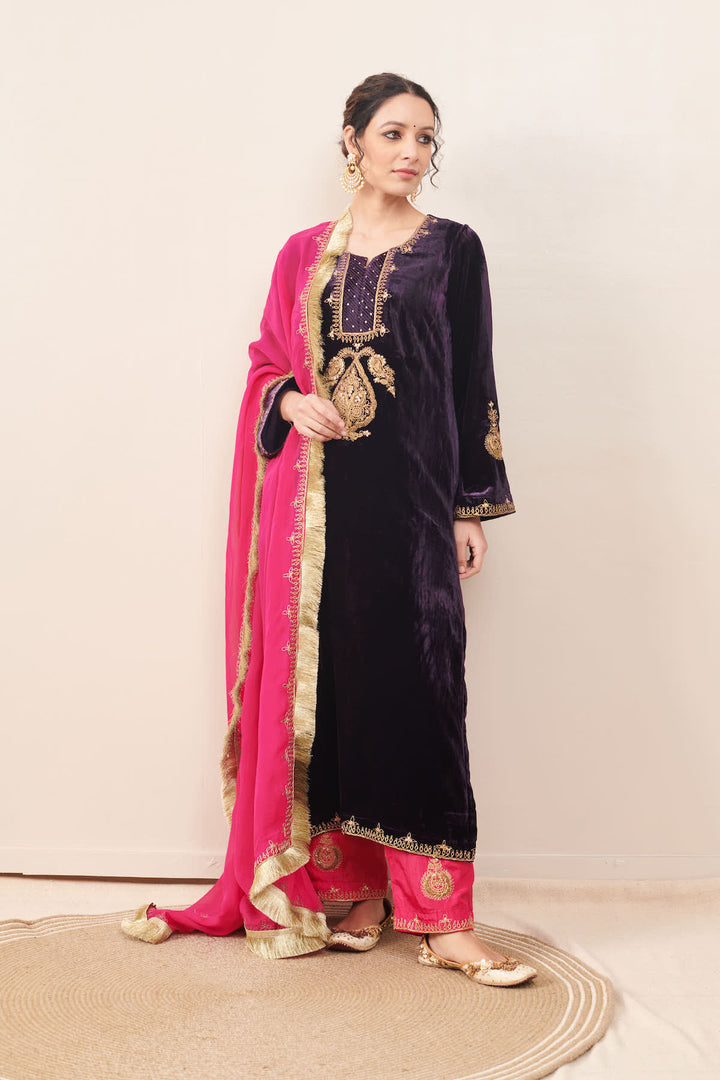 Naveli Purple Zari Embroidered Kurta with Rani Pink Palazzo and Dupatta - Set of 3