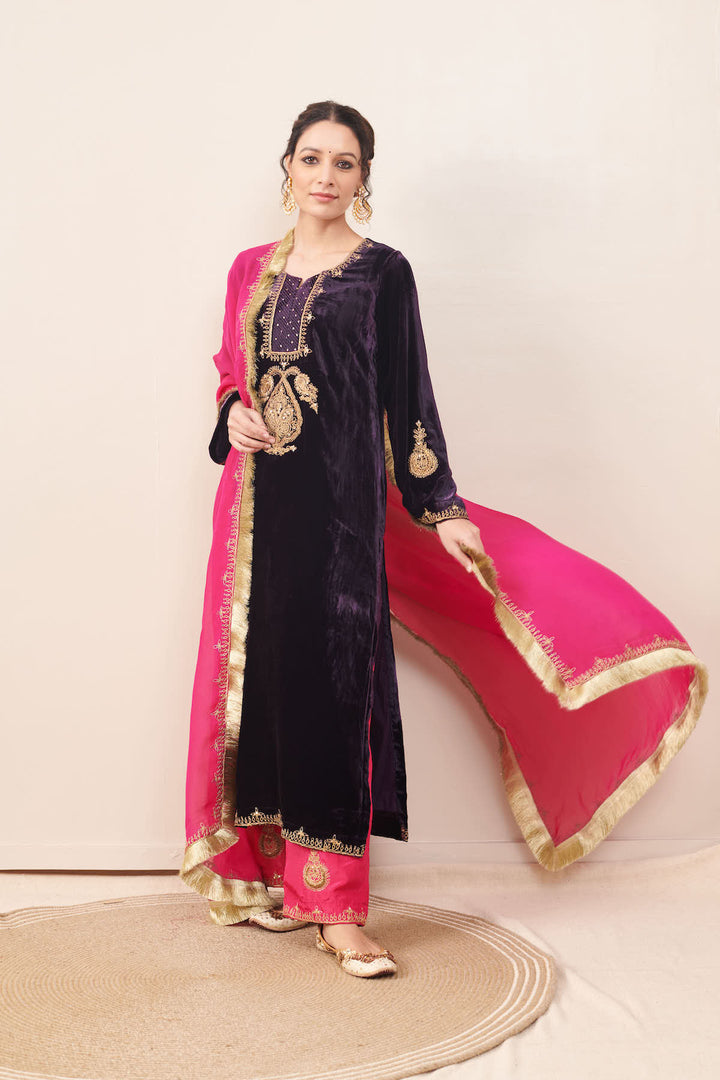 Naveli Purple Zari Embroidered Kurta with Rani Pink Palazzo and Dupatta - Set of 3