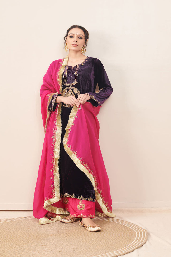 Naveli Purple Zari Embroidered Kurta with Rani Pink Palazzo and Dupatta - Set of 3