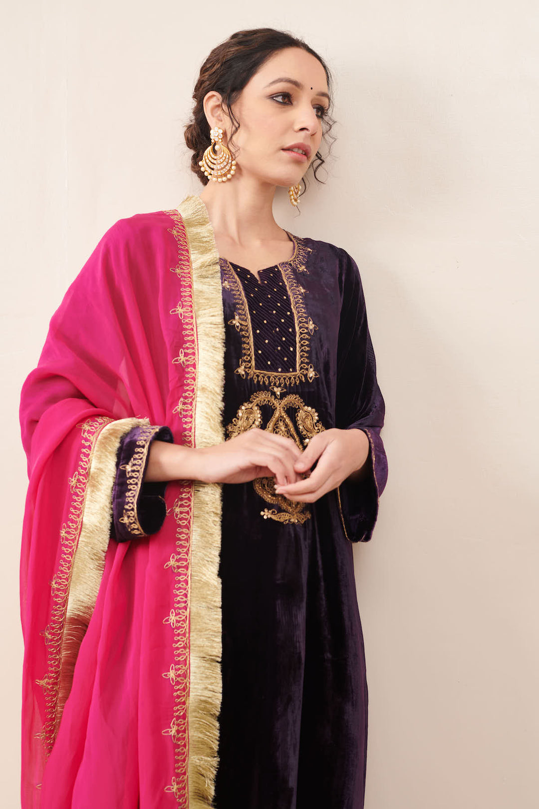 Naveli Purple Zari Embroidered Kurta with Rani Pink Palazzo and Dupatta - Set of 3
