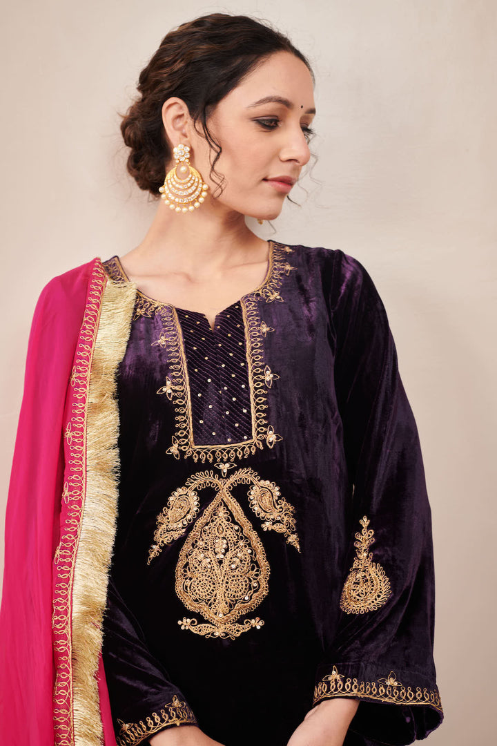 Naveli Purple Zari Embroidered Kurta with Rani Pink Palazzo and Dupatta - Set of 3