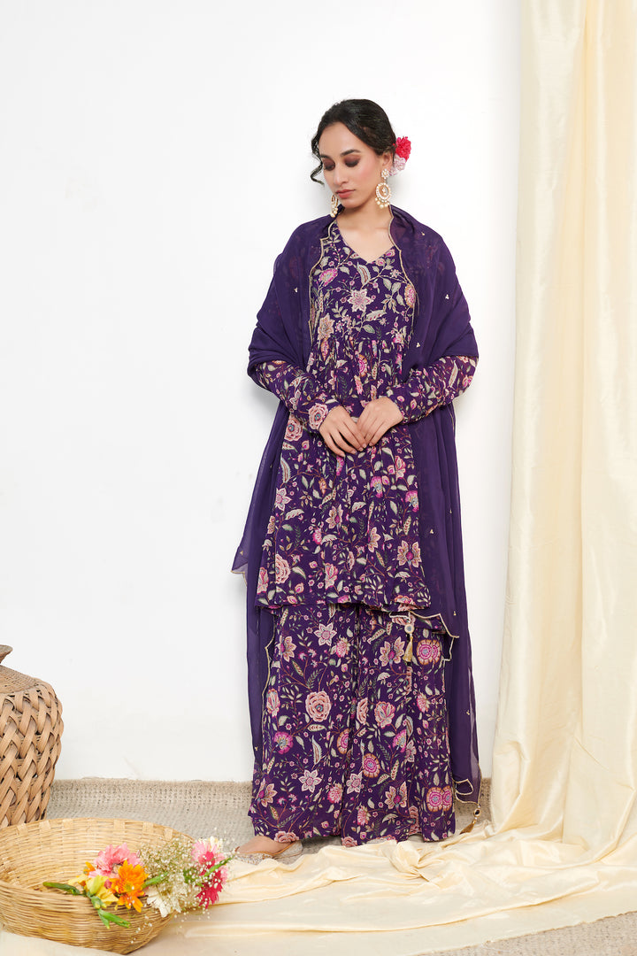 Raag Purple floral printed sharara and Dupatta - SET OF 3