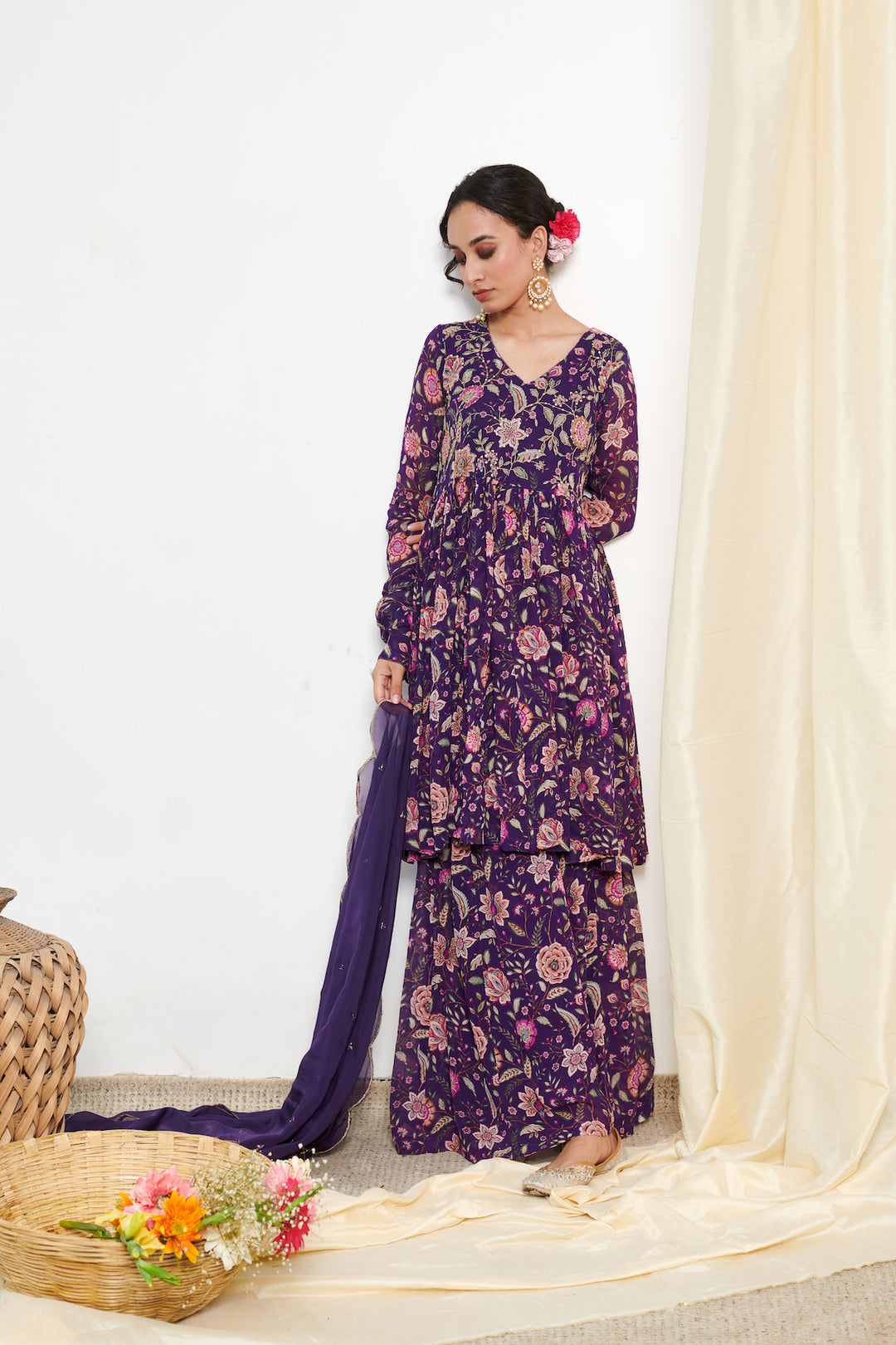 Raag Purple floral printed sharara and Dupatta - SET OF 3