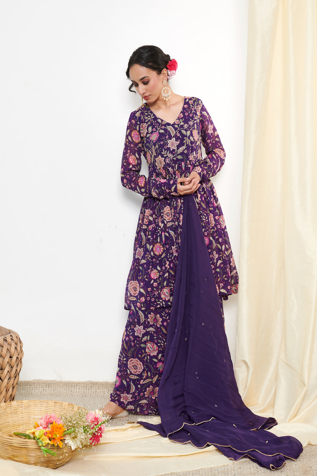 Raag Purple floral printed sharara and Dupatta - SET OF 3