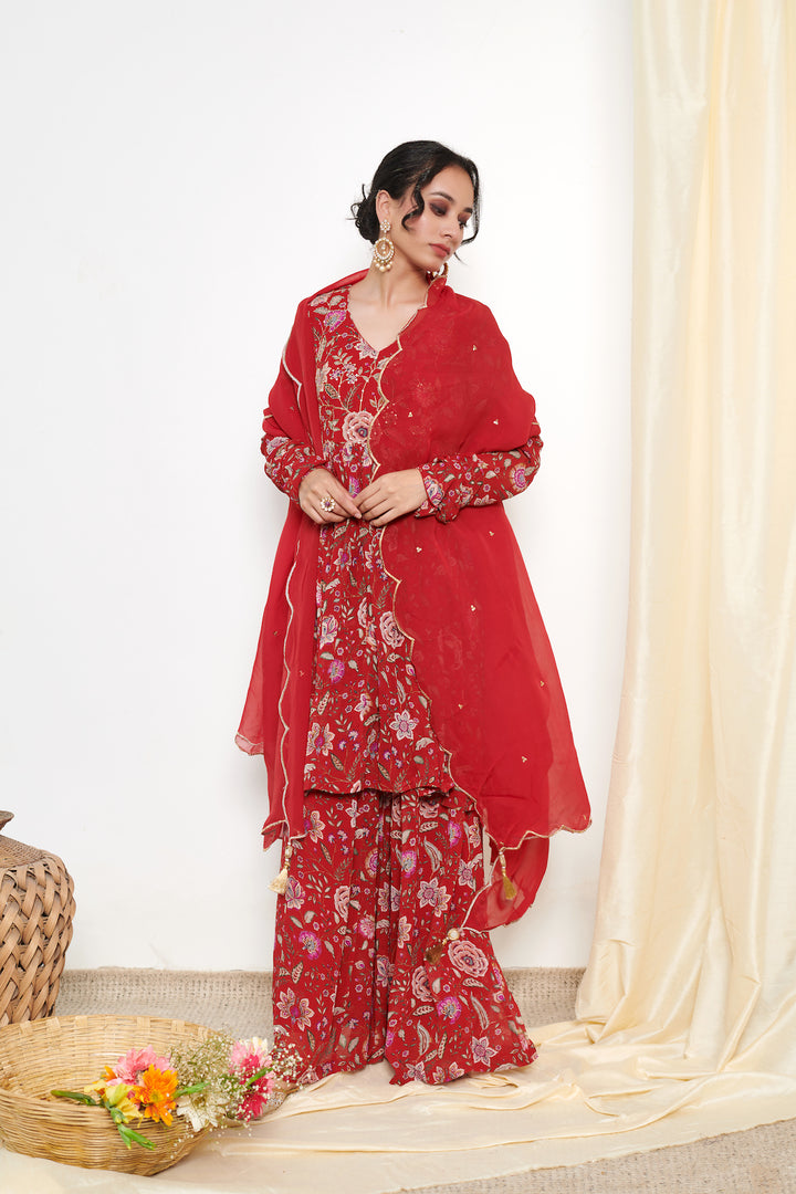 Raag Red floral printed sharara and Dupatta - SET OF 3