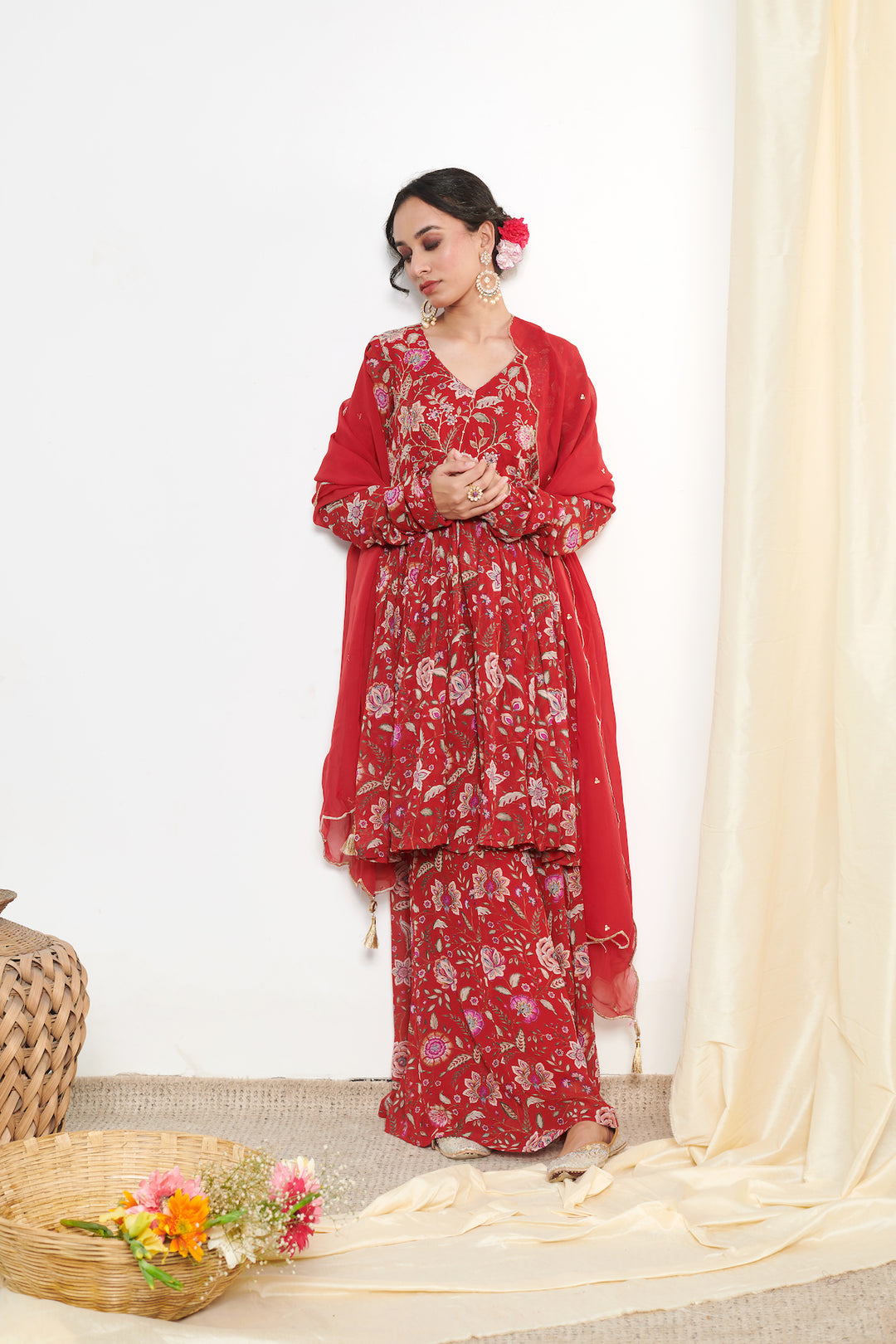 Raag Red floral printed sharara and Dupatta - SET OF 3