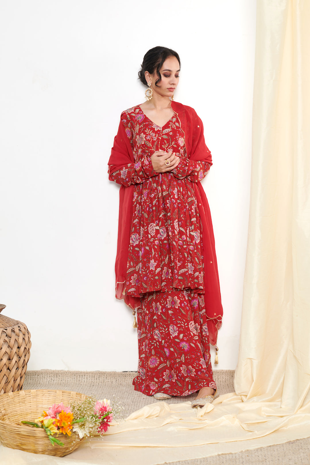 Raag Red floral printed sharara and Dupatta - SET OF 3