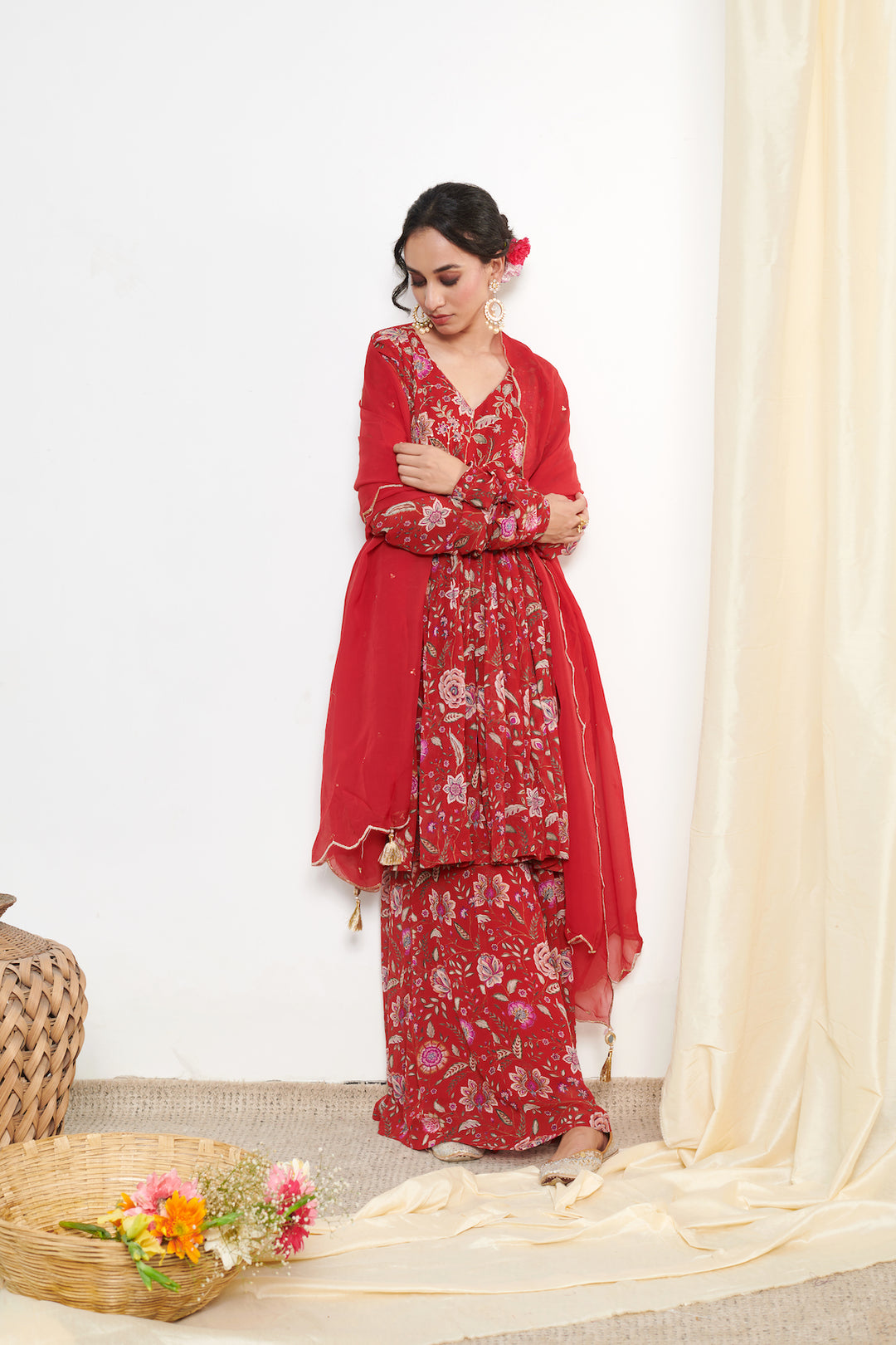 Raag Red floral printed sharara and Dupatta - SET OF 3