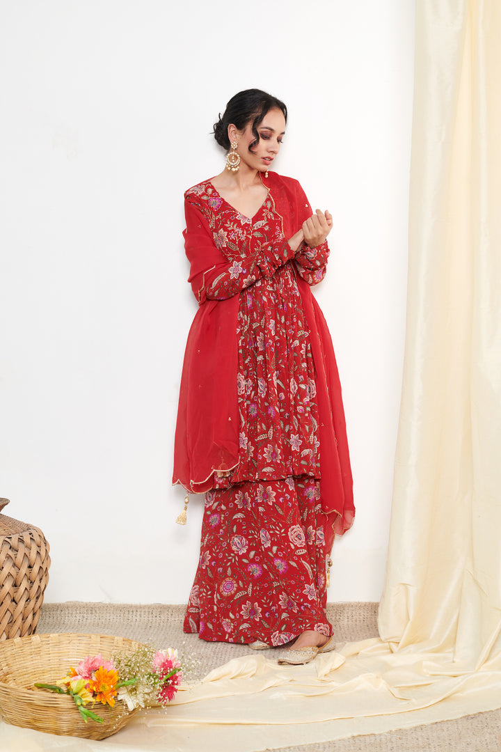Raag Red floral printed sharara and Dupatta - SET OF 3