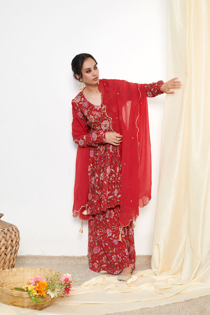 Raag Red floral printed sharara and Dupatta - SET OF 3