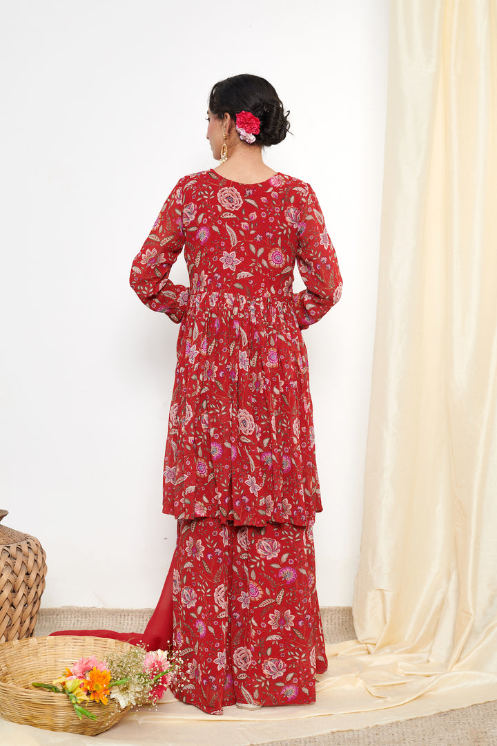 Raag Red floral printed sharara and Dupatta - SET OF 3