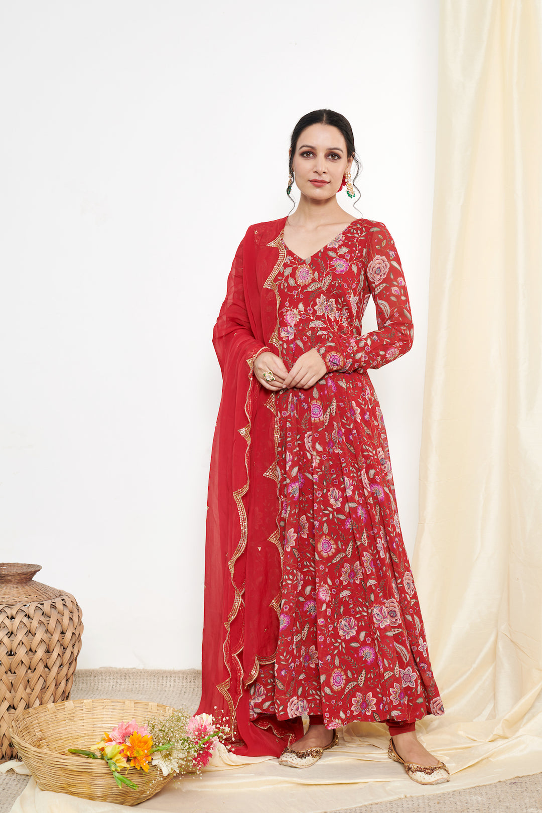 Raag Red Floral Printed Anarkali with Chooridar and Dupatta- set of 3