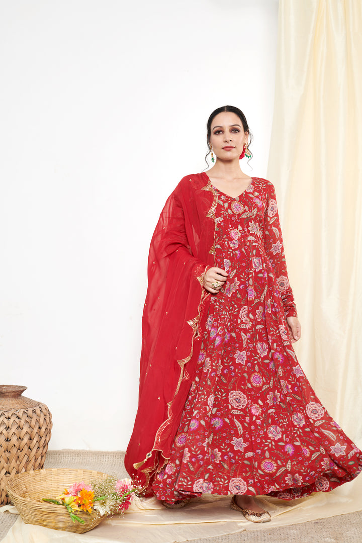 Raag Red Floral Printed Anarkali with Chooridar and Dupatta- set of 3