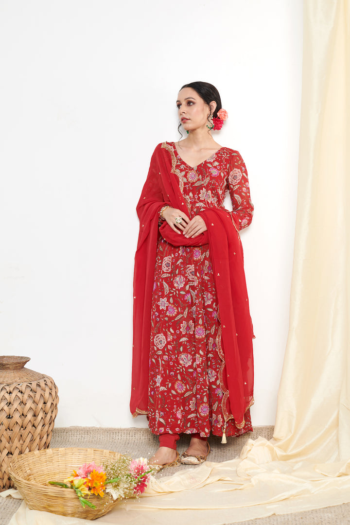 Raag Red Floral Printed Anarkali with Chooridar and Dupatta- set of 3