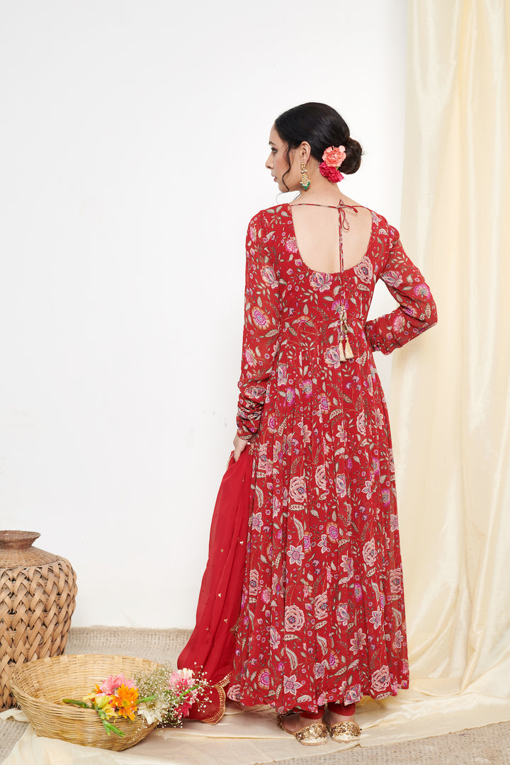 Raag Red Floral Printed Anarkali with Chooridar and Dupatta- set of 3