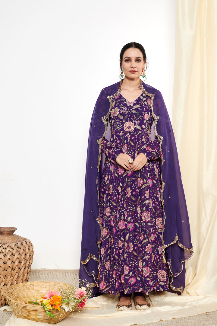 Raag Purple Floral Printed Anarkali with Chooridar and Dupatta- set of 3