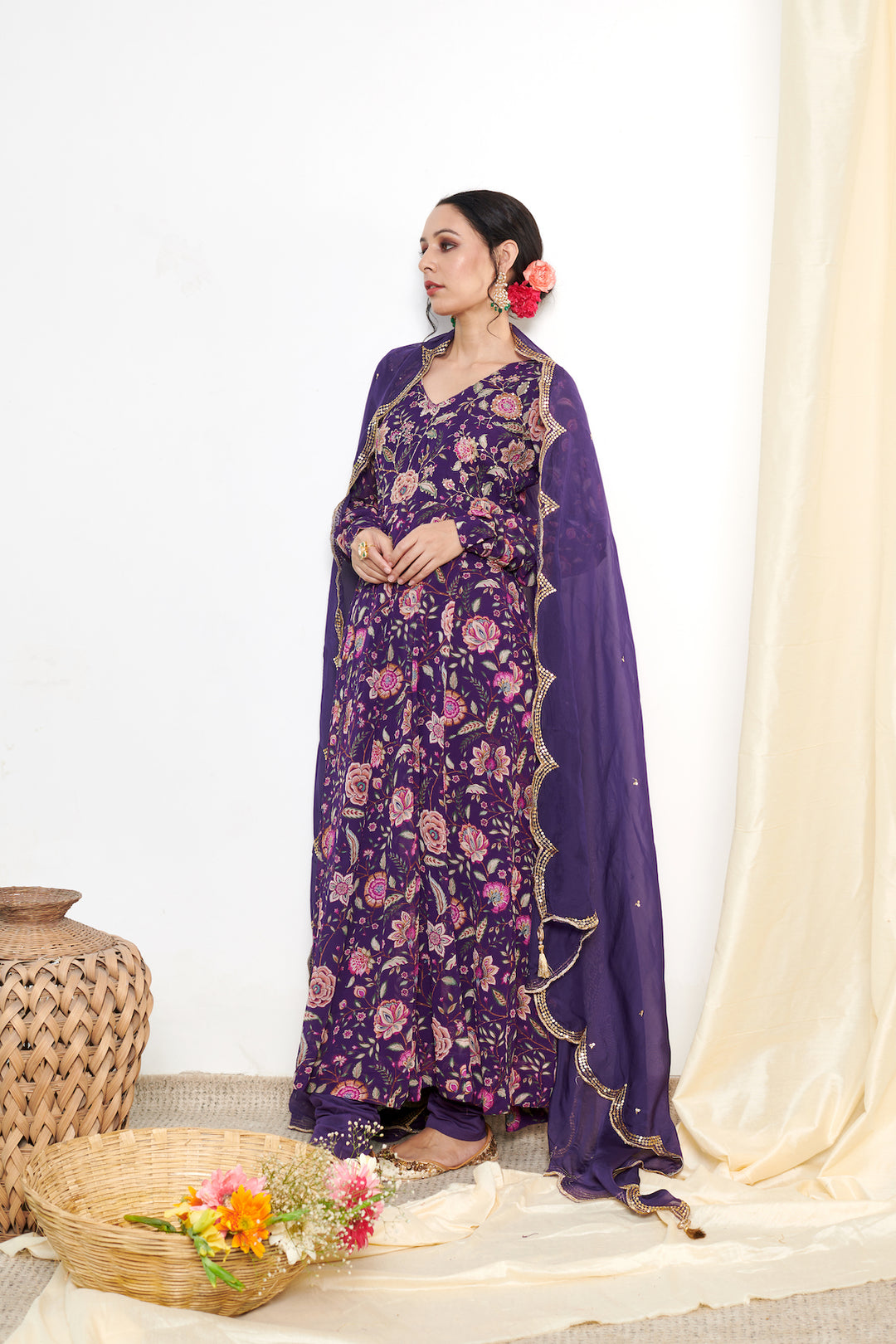 Raag Purple Floral Printed Anarkali with Chooridar and Dupatta- set of 3