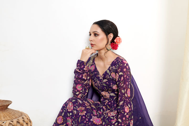 Raag Purple Floral Printed Anarkali with Chooridar and Dupatta- set of 3
