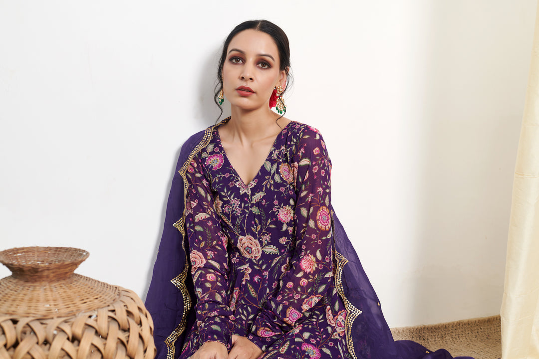 Raag Purple Floral Printed Anarkali with Chooridar and Dupatta- set of 3