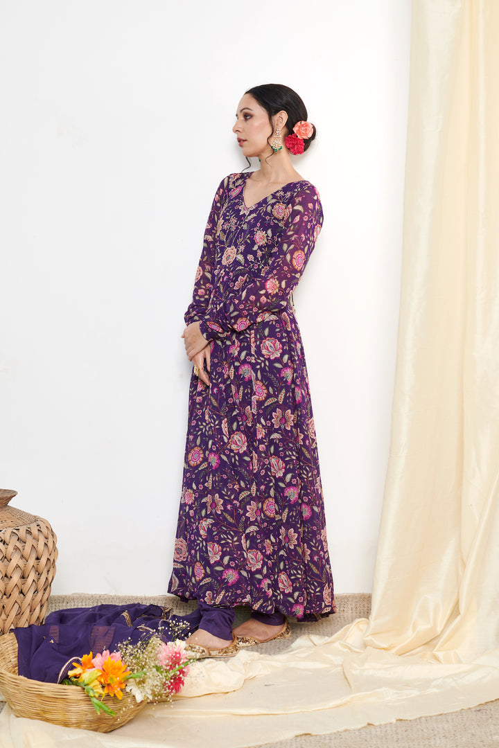 Raag Purple Floral Printed Anarkali with Chooridar and Dupatta- set of 3