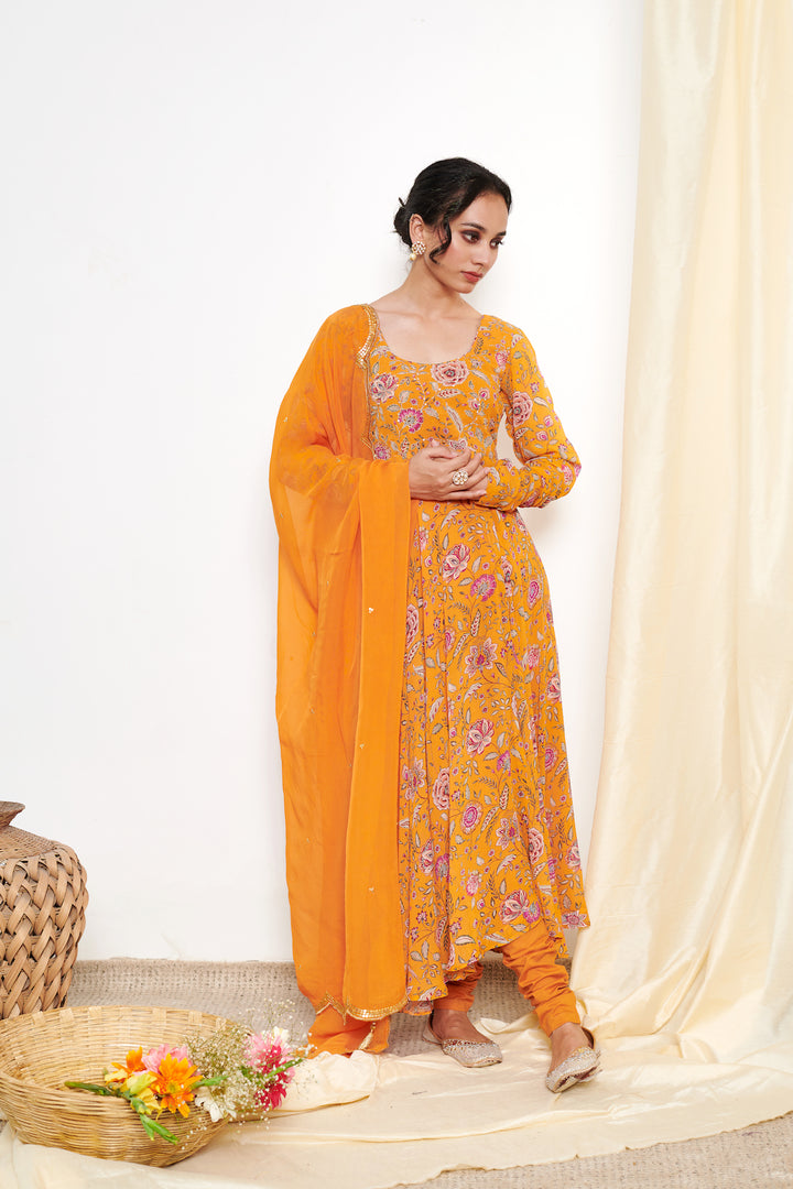 Raag Orange Floral Printed Anarkali with Chooridar and Dupatta- set of 3