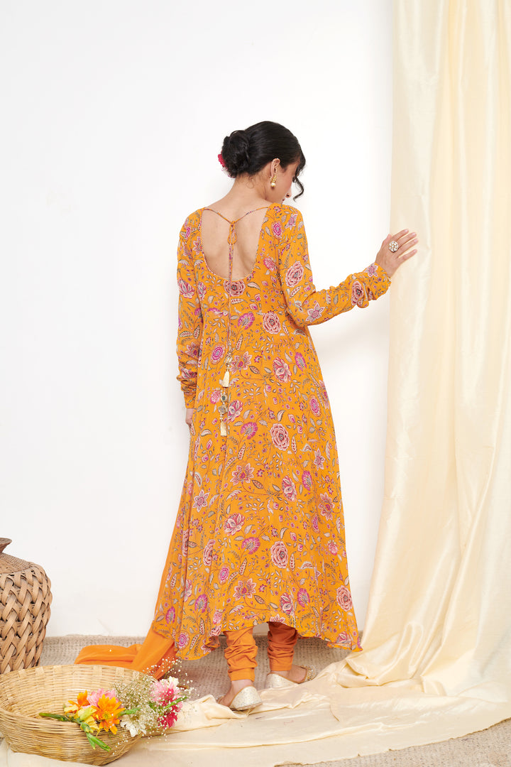 Raag Orange Floral Printed Anarkali with Chooridar and Dupatta- set of 3