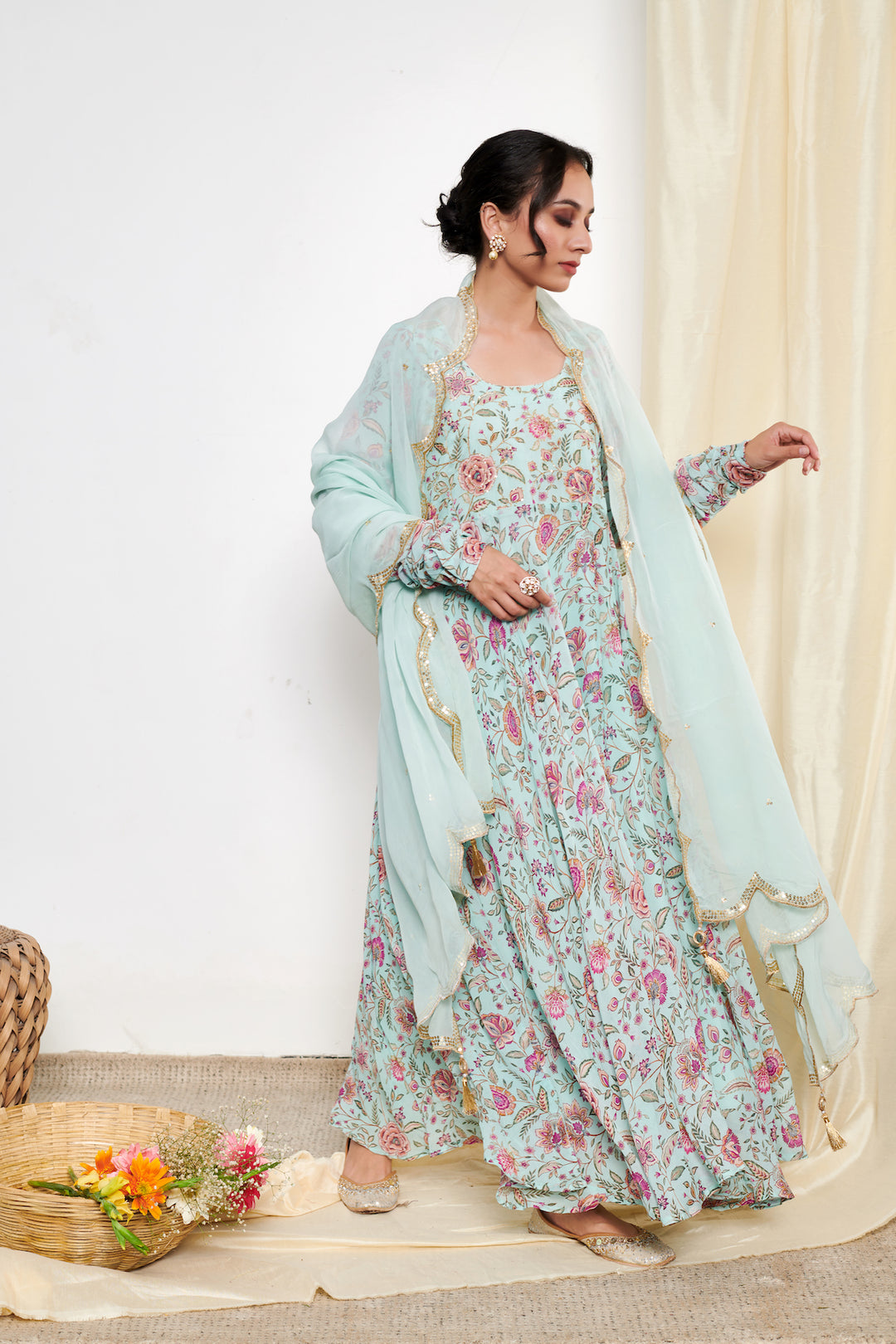 Raag Aqua Blue Floral Printed Anarkali with Chooridar and Dupatta- set of 3
