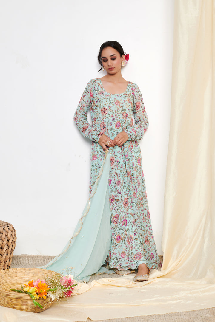 Raag Aqua Blue Floral Printed Anarkali with Chooridar and Dupatta- set of 3