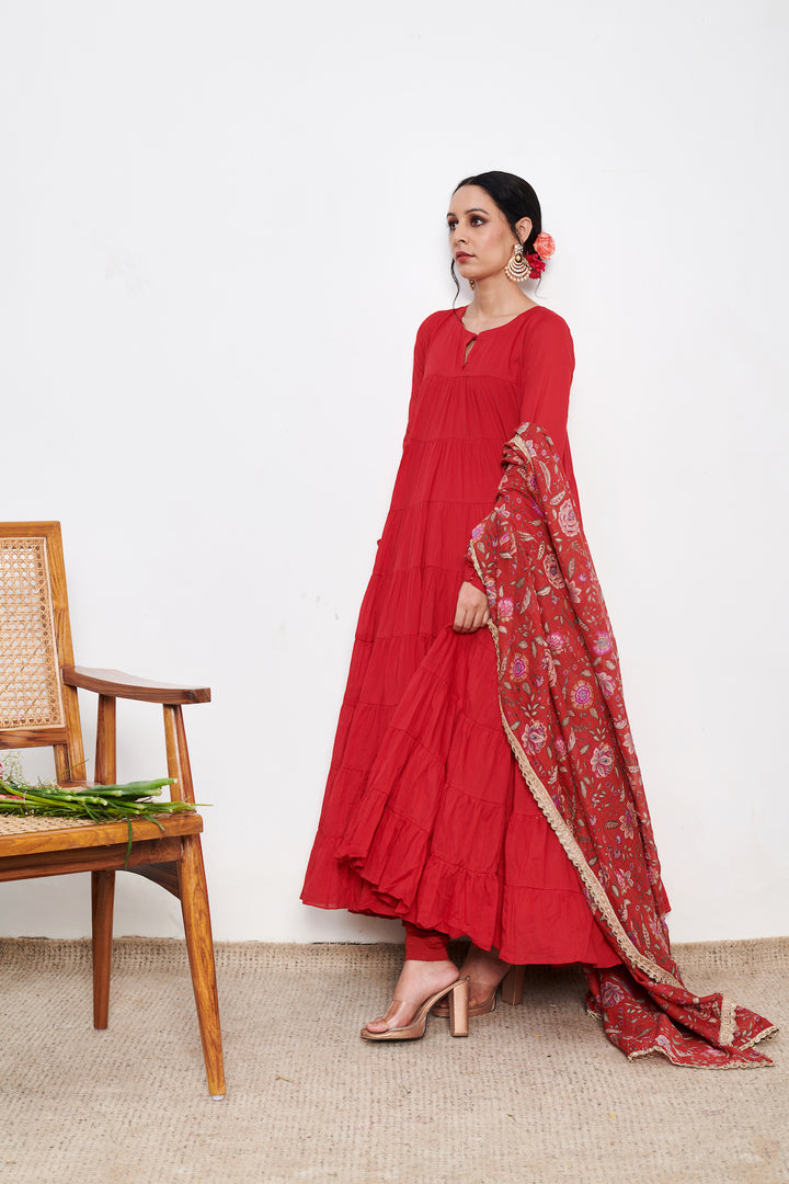 Raag Red Anarkali with Chooridar and Dupatta- set of 3