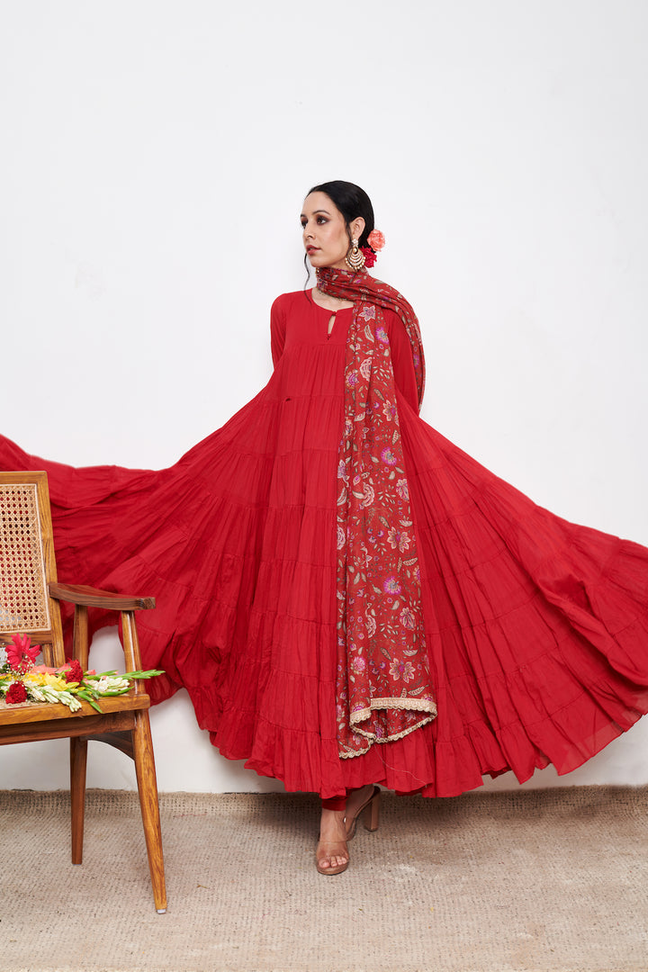 Raag Red Anarkali with Chooridar and Dupatta- set of 3