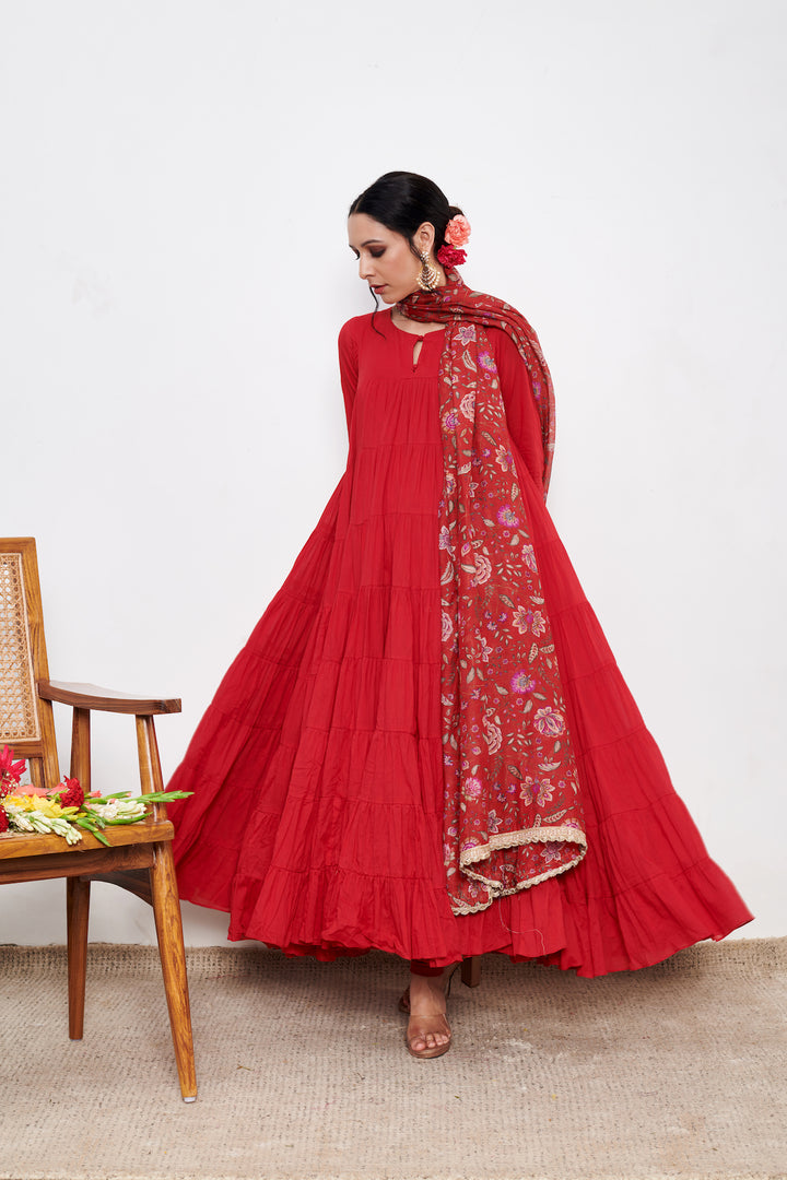 Raag Red Anarkali with Chooridar and Dupatta- set of 3