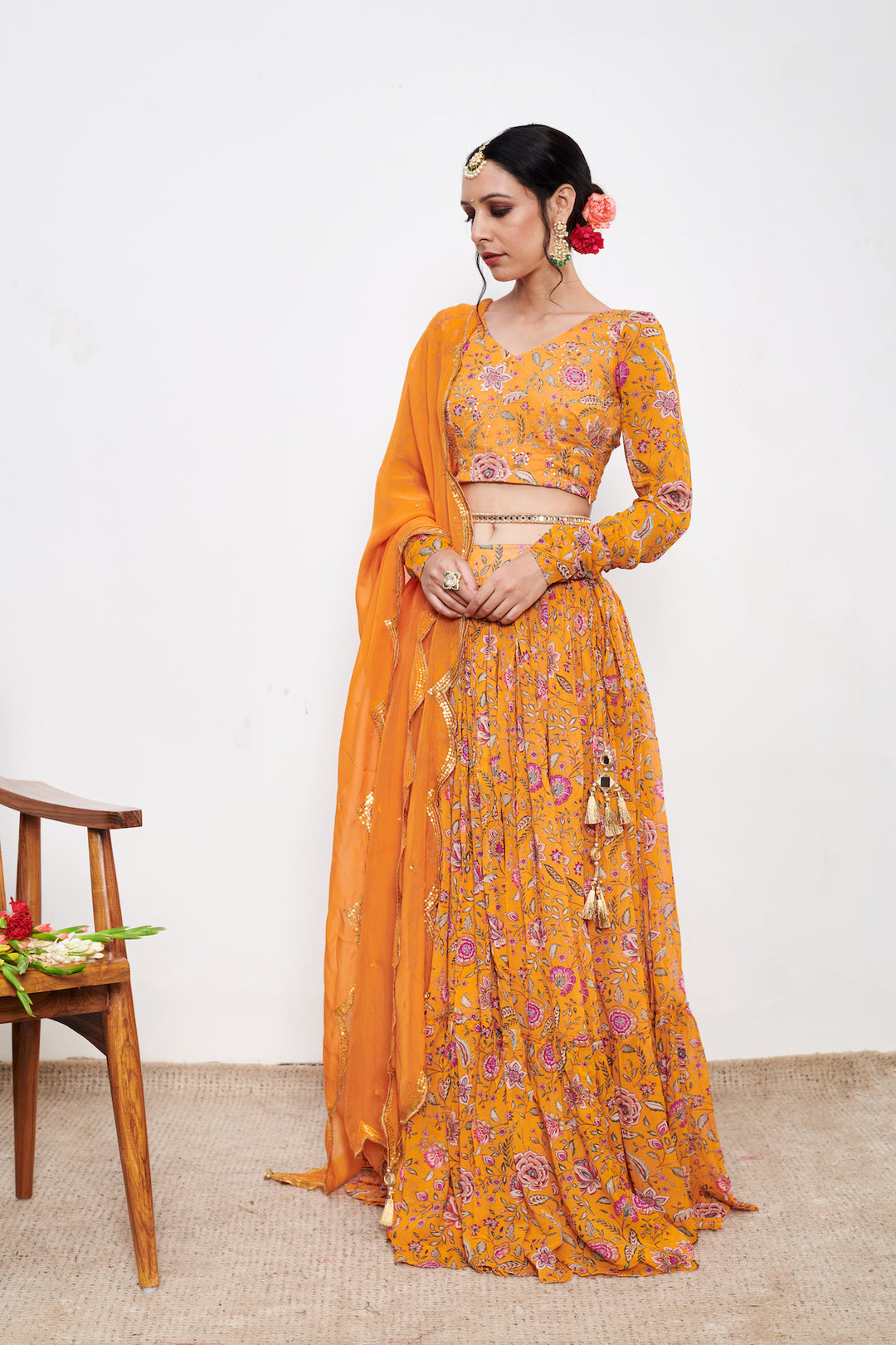 Raag Orange White Floral print Lehenga with Floral print Blouse and Dupatta - Set of 3