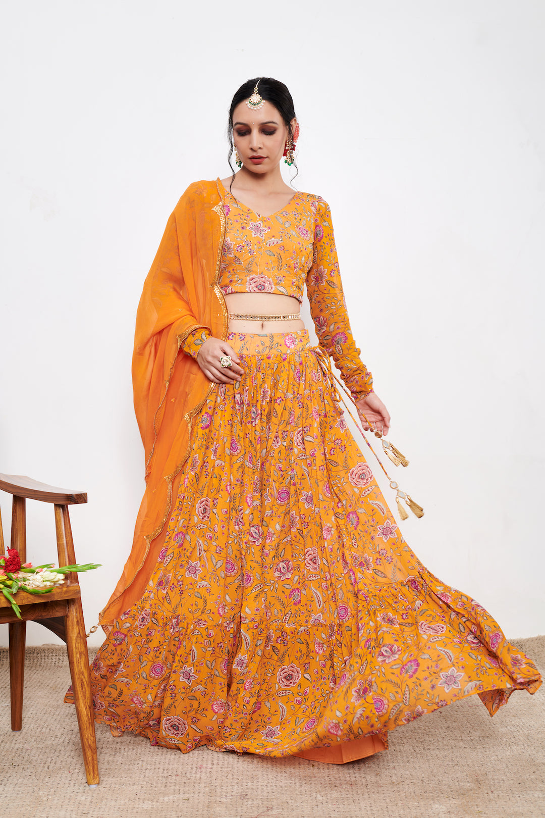 Raag Orange White Floral print Lehenga with Floral print Blouse and Dupatta - Set of 3