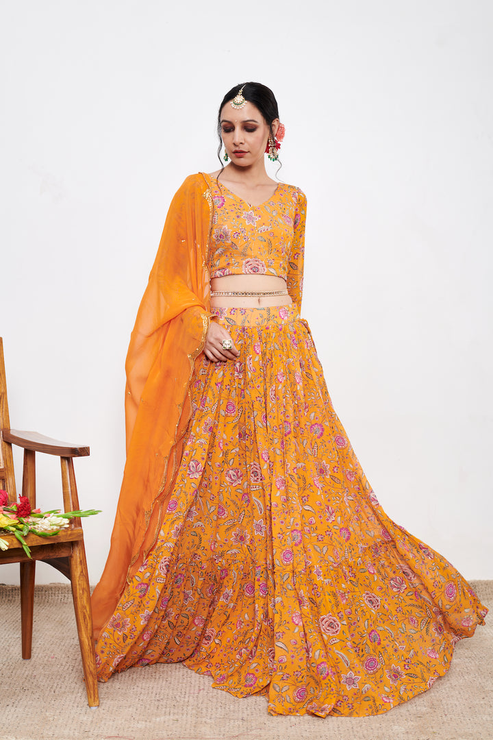 Raag Orange White Floral print Lehenga with Floral print Blouse and Dupatta - Set of 3
