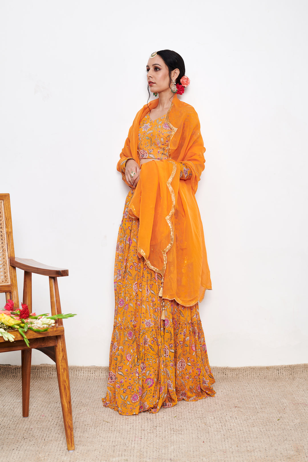 Raag Orange White Floral print Lehenga with Floral print Blouse and Dupatta - Set of 3