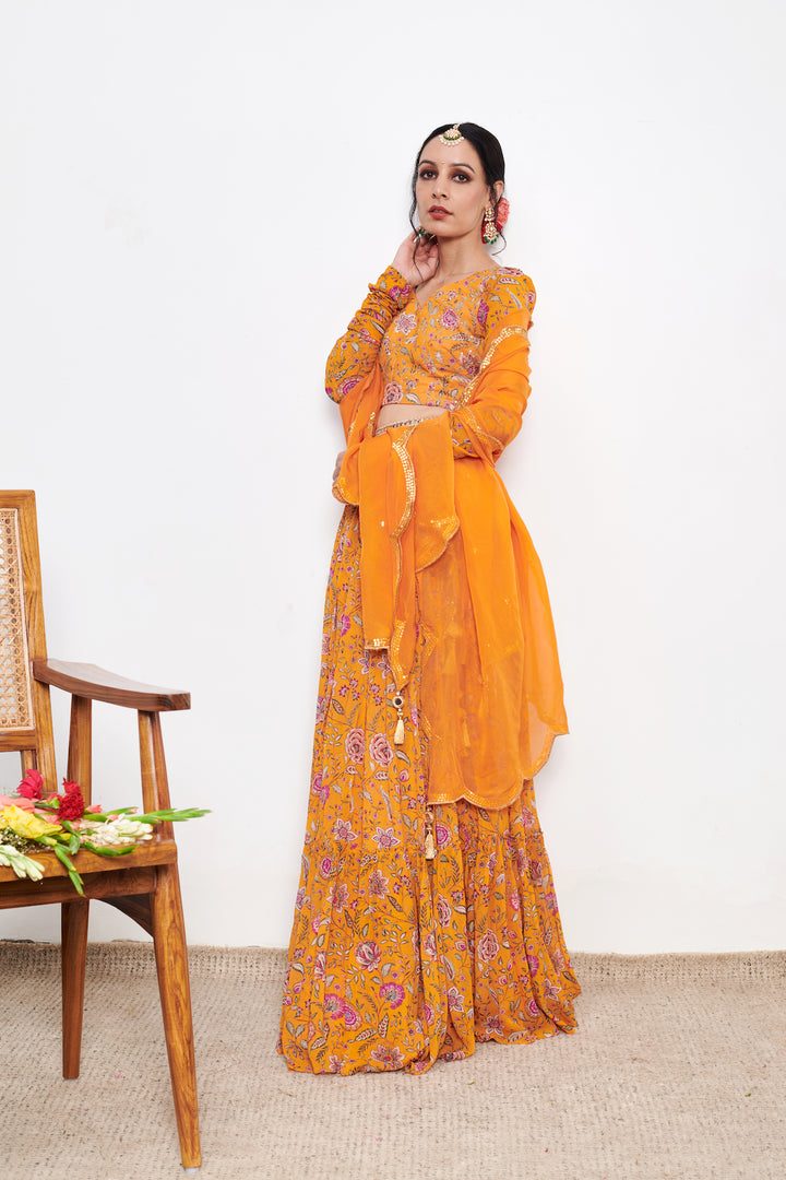 Raag Orange White Floral print Lehenga with Floral print Blouse and Dupatta - Set of 3