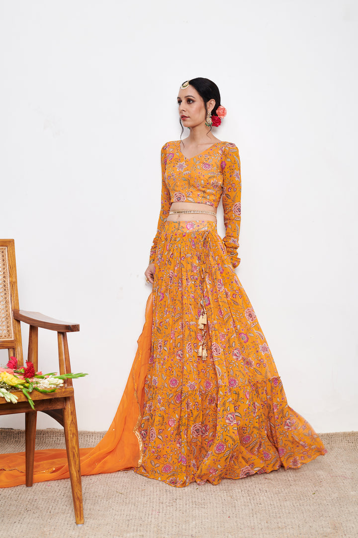 Raag Orange White Floral print Lehenga with Floral print Blouse and Dupatta - Set of 3
