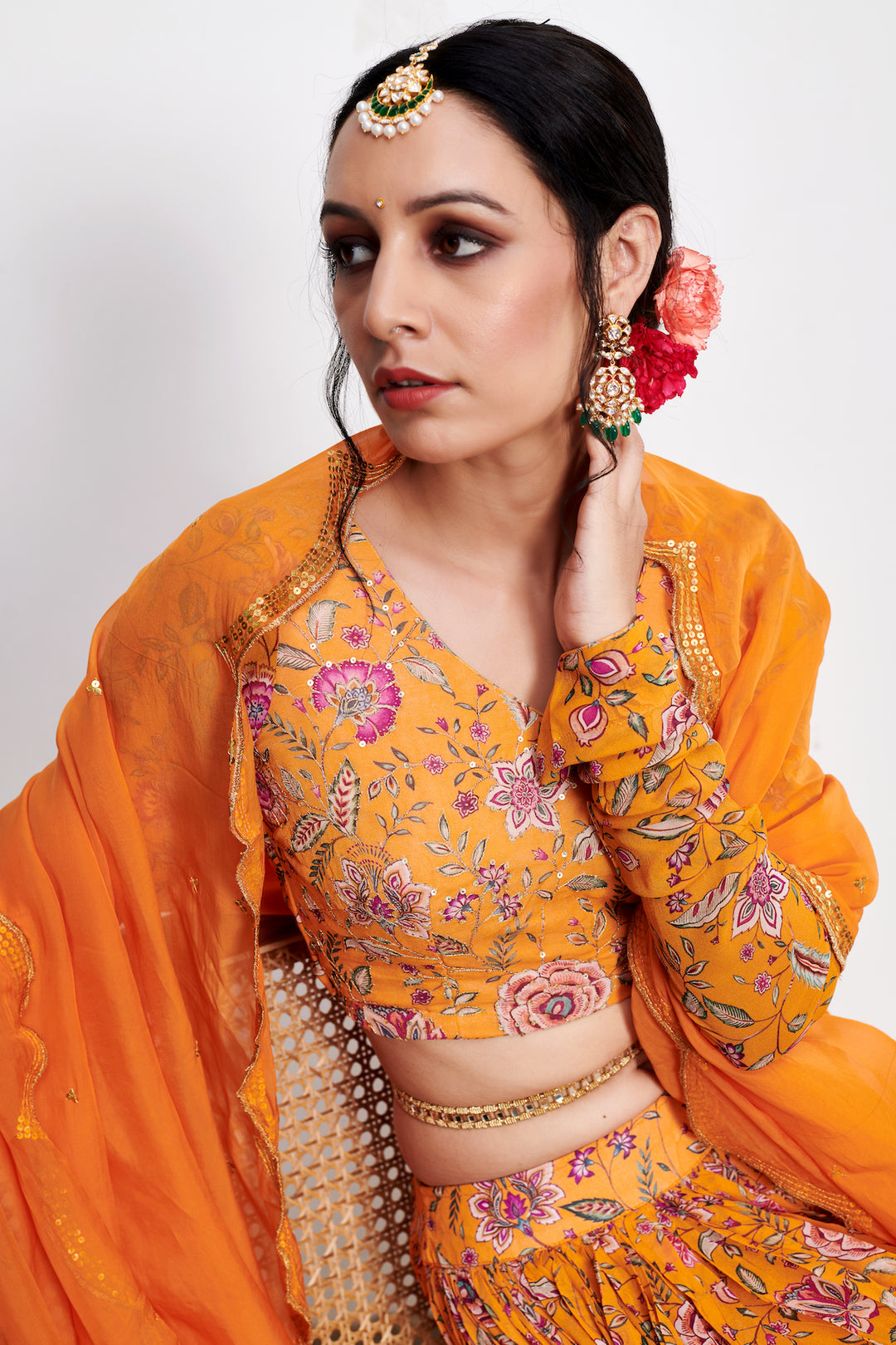 Raag Orange White Floral print Lehenga with Floral print Blouse and Dupatta - Set of 3