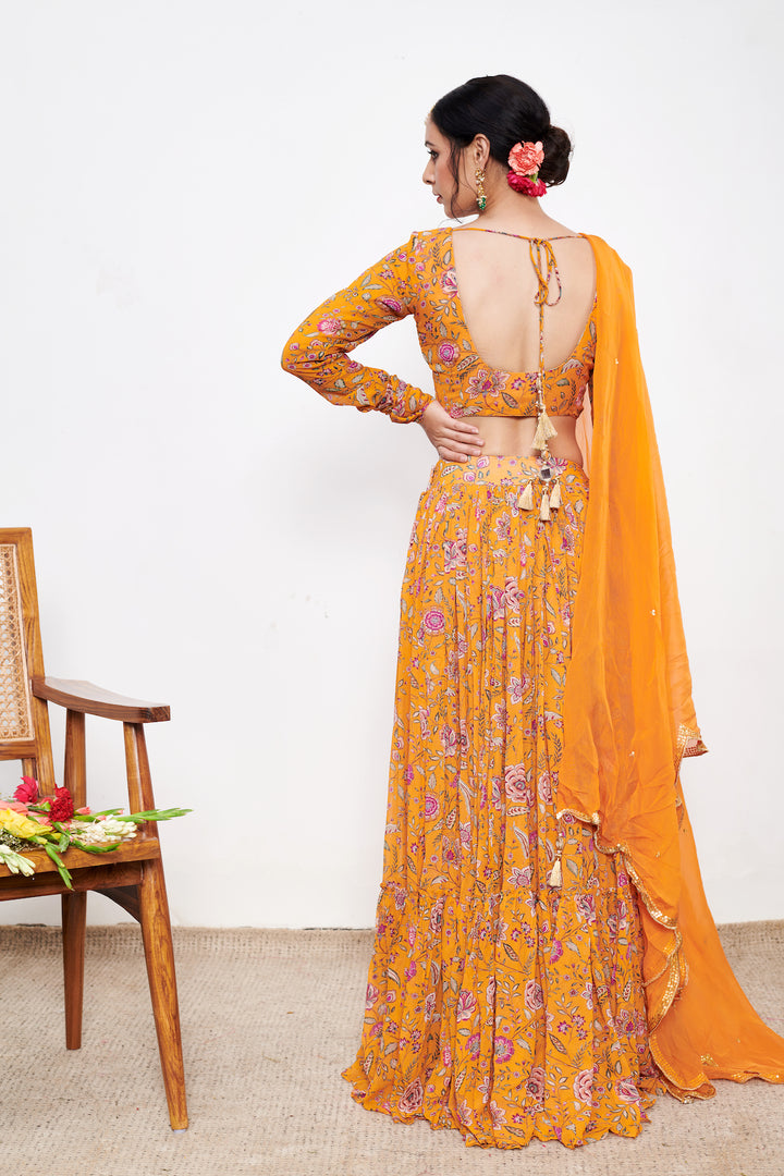 Raag Orange White Floral print Lehenga with Floral print Blouse and Dupatta - Set of 3