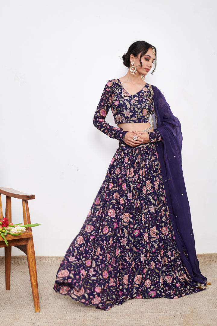 Raag Blue Floral print Lehenga with Floral print Blouse and Dupatta - Set of 3